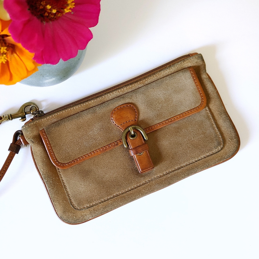 Coach Suede Wristlet Purse Leather Details Tan Colour